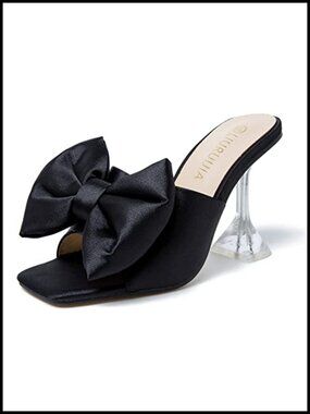Satin Bow Open Toe Mule Heels, 3.5 Inch Clear Acrylic Heel, Dressy Slip On
